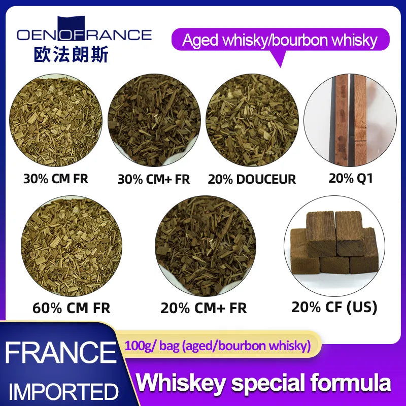 Whiskey product formula package aging acceleration package bourbon whisky ingredient package French oak product yeast package