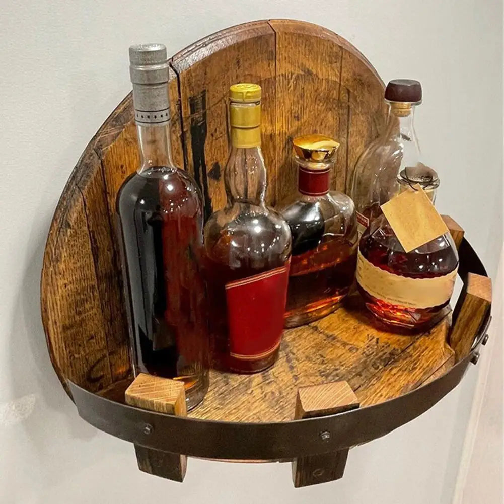 Hand Crafted Liquor Bottle Display Wall Mounted Vintage Round Wine Shelf Wood Wine Rack Whiskey Rack Barware Bar Shelves