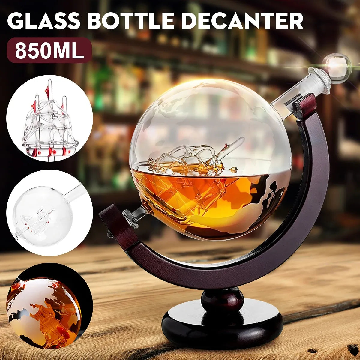 Whiskey Globe Decanter (28 Ounce) Etched World Globe Decanter Set for Liquor, Bourbon, Vodka in Premium Gift-Box - Home Bar Acce